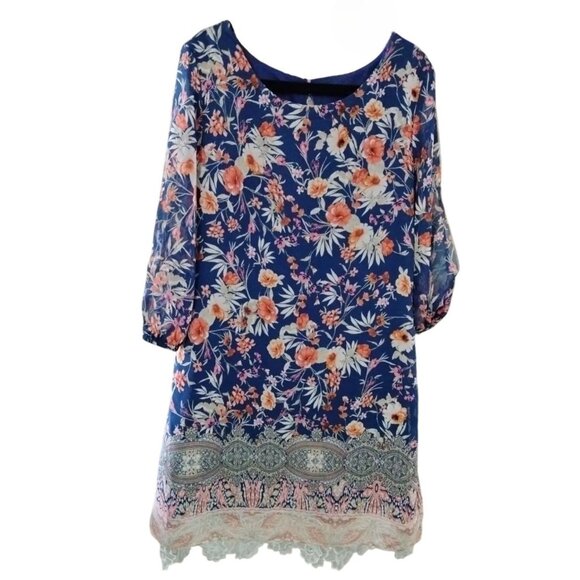 Amy Byer Size 7 Dress Girls Floral Sheer Overlay Print Split Sleeve Keyhole Back - Picture 2 of 9